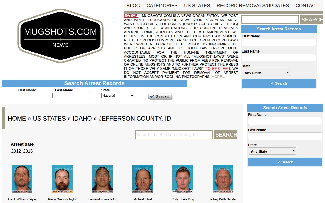Unofficial Mugshots.com Jefferson County Idaho archive page used as a caveated source lead