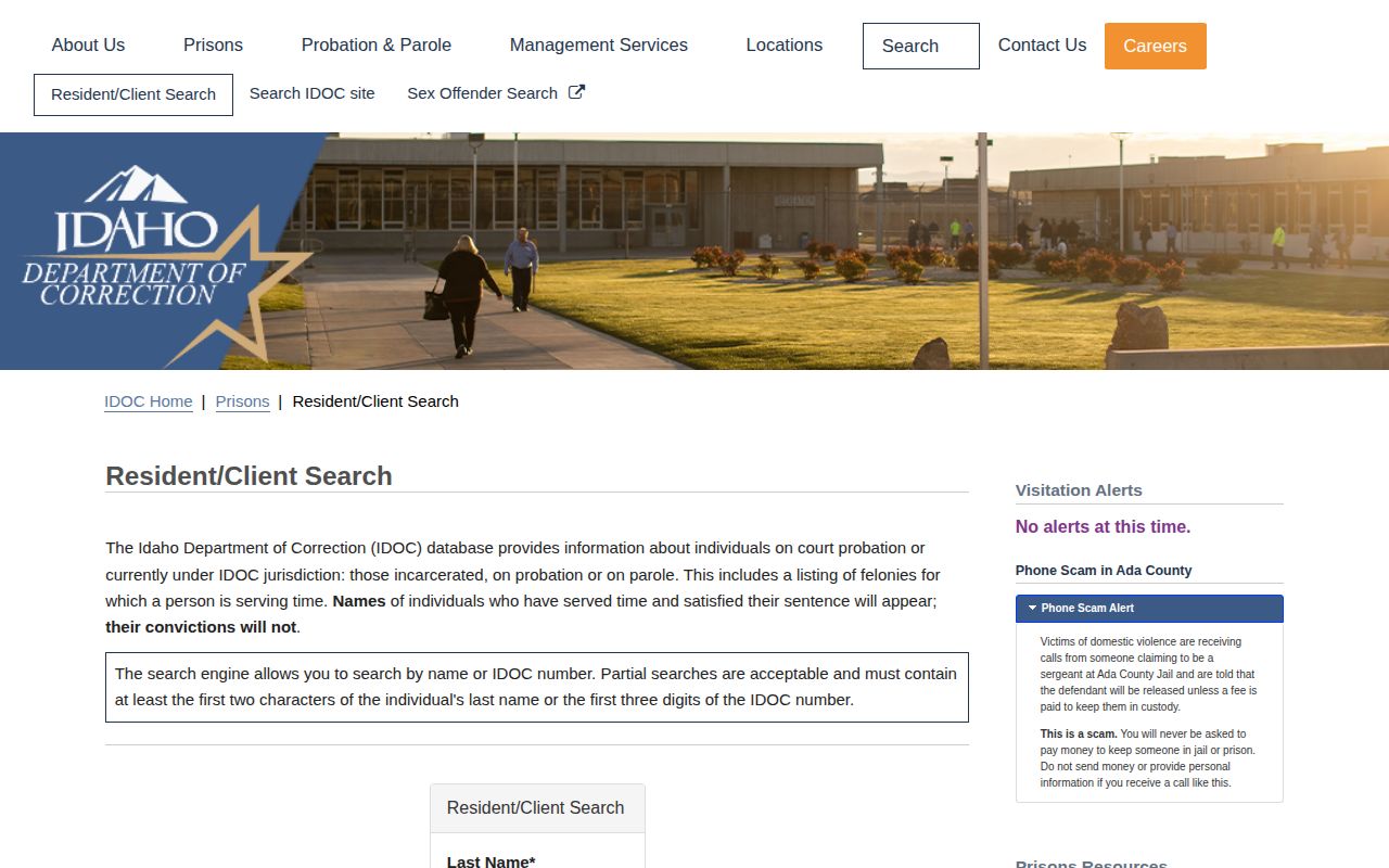 Idaho Department of Correction resident search for state custody and supervision