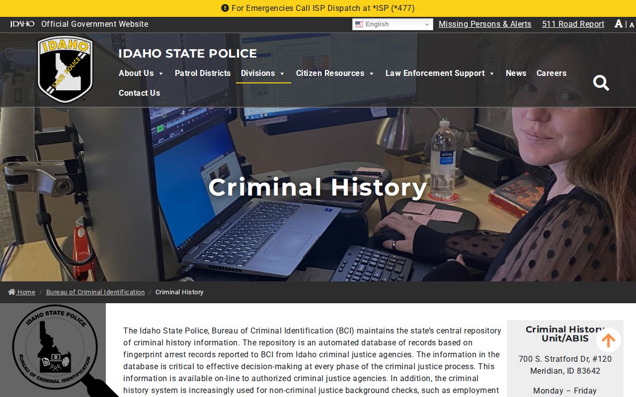 Idaho State Police criminal-history access page for Jefferson County record research