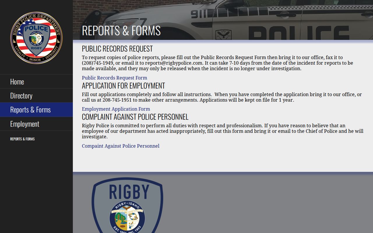Rigby Police public-records form for Jefferson County arrest reports and booking-photo requests